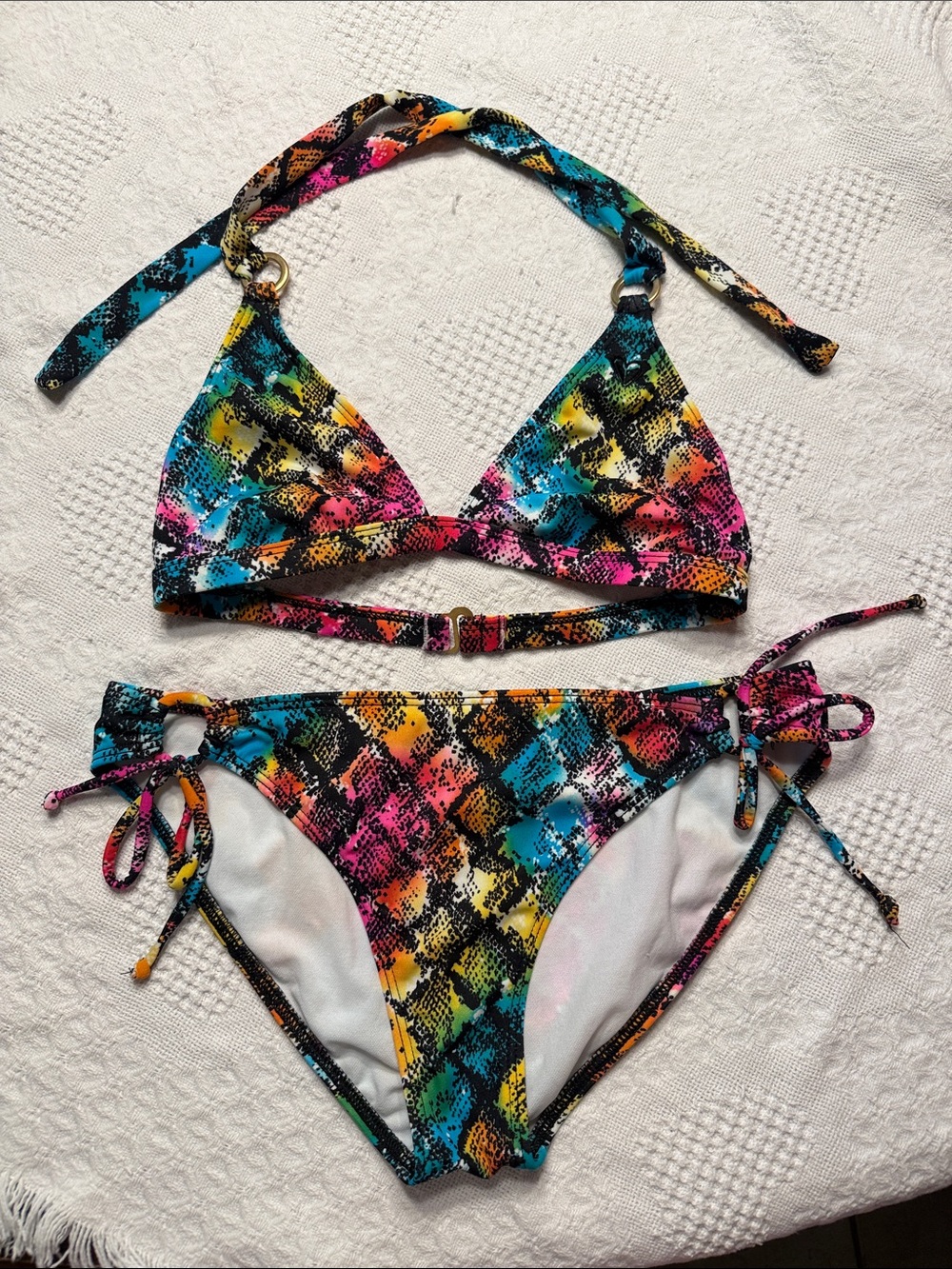 Roxy Multicolor Snake-Print Bikini in Black, Pink, Blue, Orange. Top M,  Bott L.